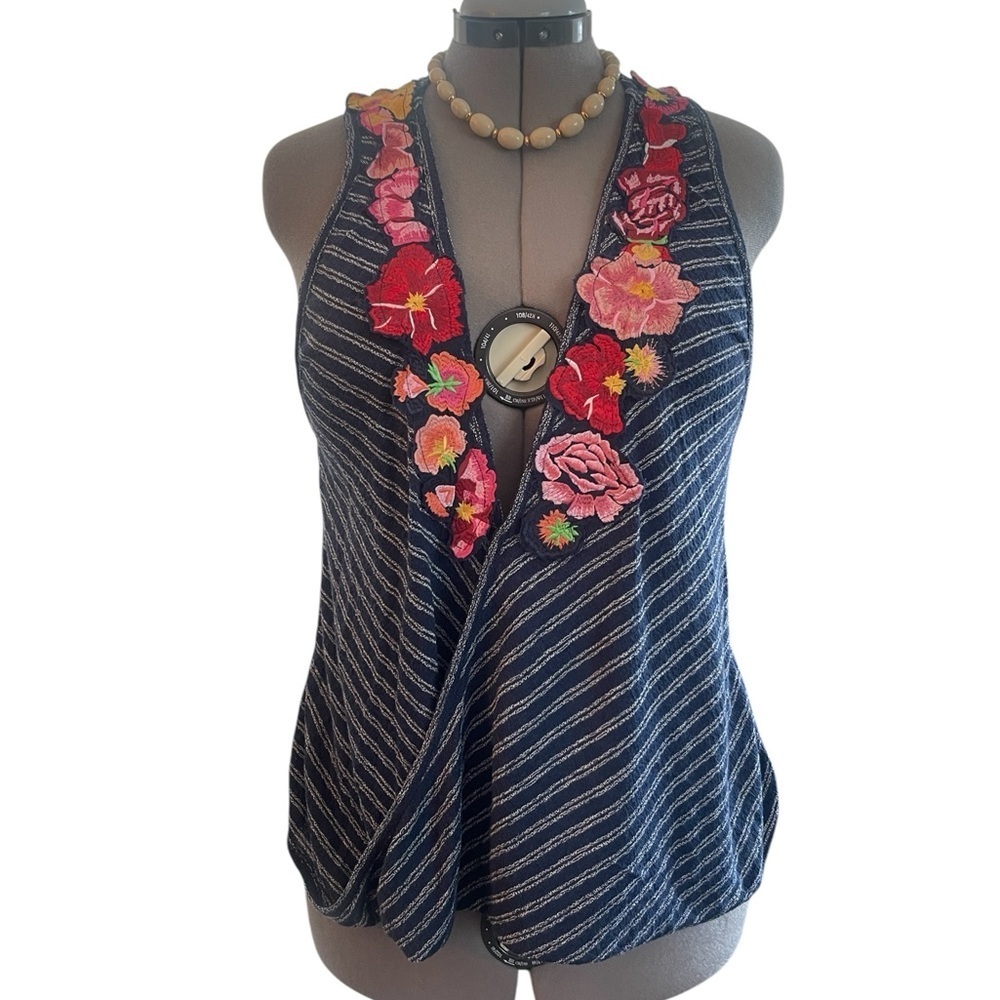 Free People Frida Embroidered Wrap Tank Top Large Blue Stripe Hi Lo - Picture 2 of 6